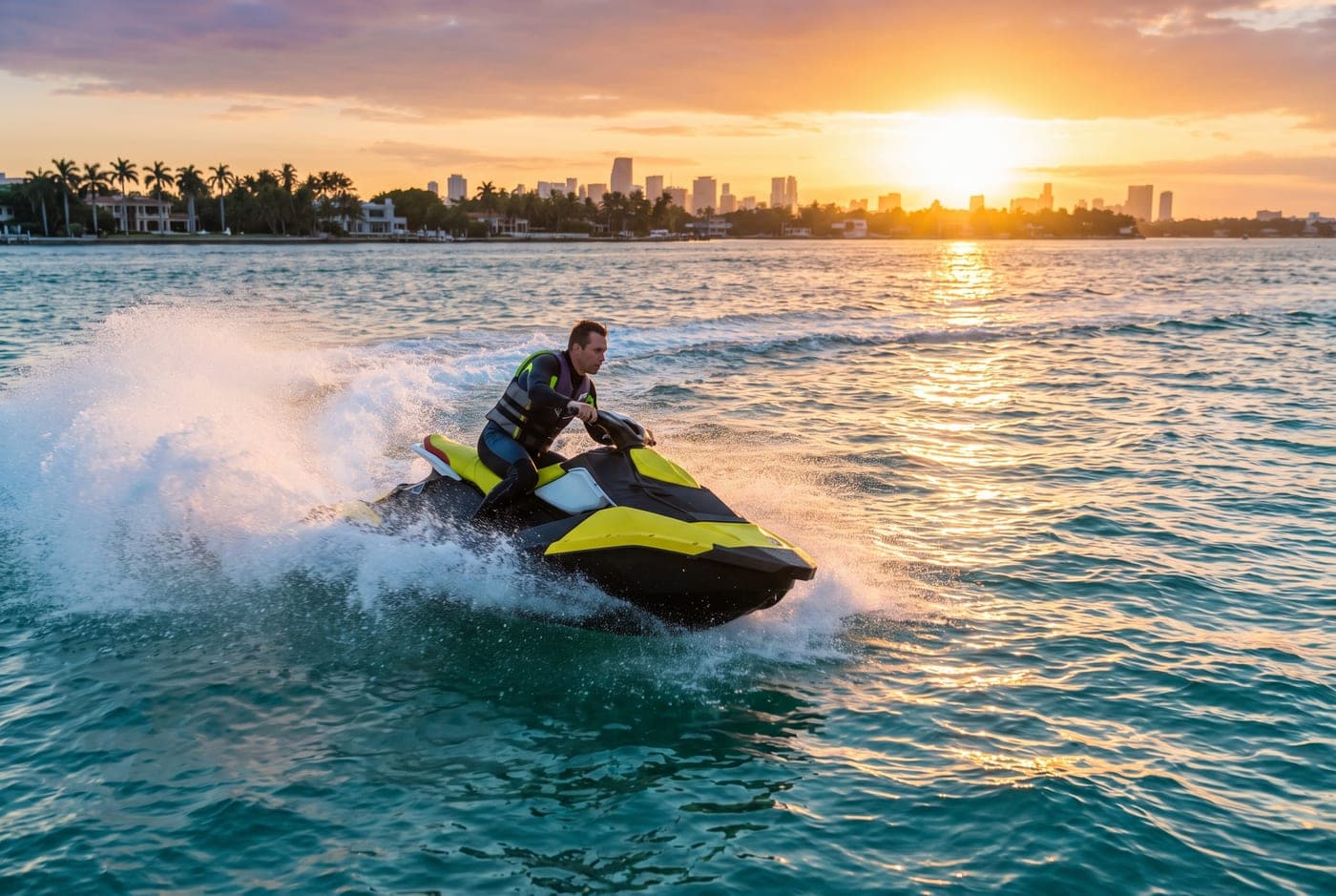 Jet ski cutting across open water at sunset
