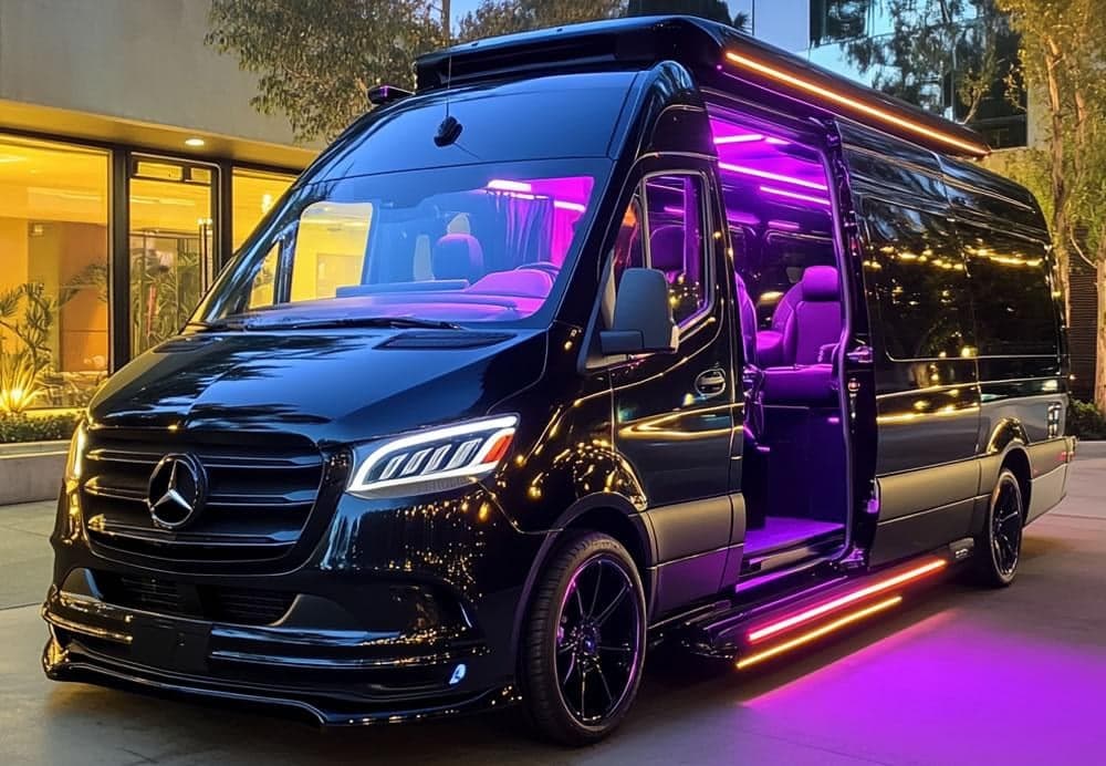 Party bus interior with ambient lighting